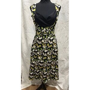 Butterfly Print Midi Dress Black Bodice Sweetheart Neckline Sleeveless Retro M